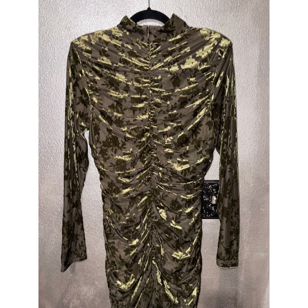 Belle Badgley Mischka Kendall Olive Velvet Burnout Ruched Midi Dress NWT Size 10 - Picture 7 of 9